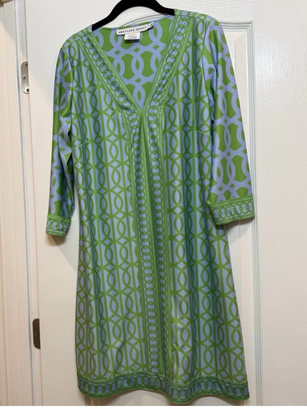 Gretchen Scott Designs Green and Lavender Geometric V-Neck Dress
